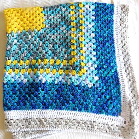 Handmade Crochet Afghan Knit Throw Lap Blanket 50 x 52 "  Blue Yellow Turquoise - Picture 2 of 6